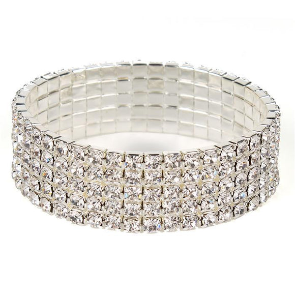 5 Row Rhinestone - White Crystal - Silver - Stretch Bracelet