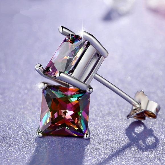 Mystic Topaz - Iridescent - Silver Plated - Square - Stud Earrings