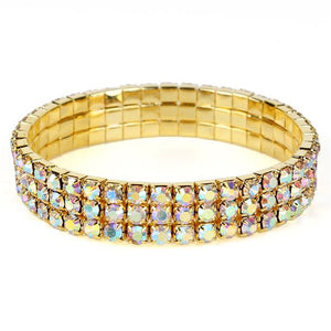 3 Row Rhinestone - Iridescent AB Crystal - Gold - Stretch Bracelet