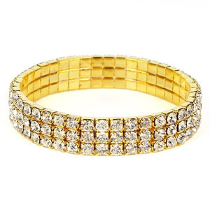 3 Row Rhinestone - White Crystal - Gold - Stretch Bracelet