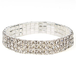 3 Row Rhinestone - White Crystal - Silver - Stretch Bracelet