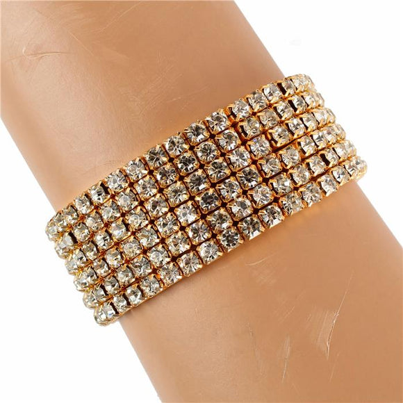 6 Row Rhinestone - White Crystal - Gold - Stretch Bracelet