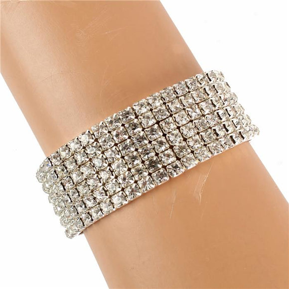 6 Row Rhinestone - White Crystal - Silver - Stretch Bracelet