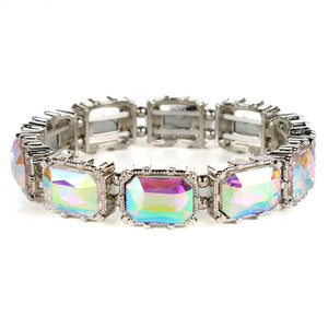 Rectangle Crystal - Iridescent AB - Silver Tone - Stretch Bracelet