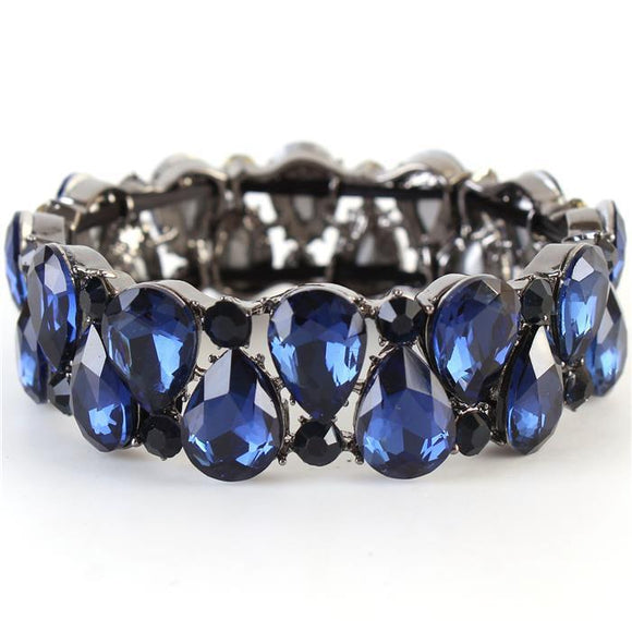 Teardrop Crystal - Blue - Black Tone - Stretch Bracelet