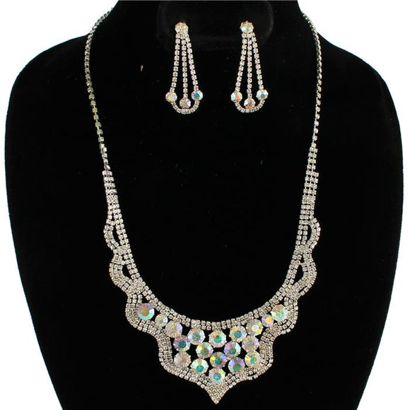 Wavy Rhinestone - Iridescent AB Crystal - Silver Tone - Necklace And Earrings Set
