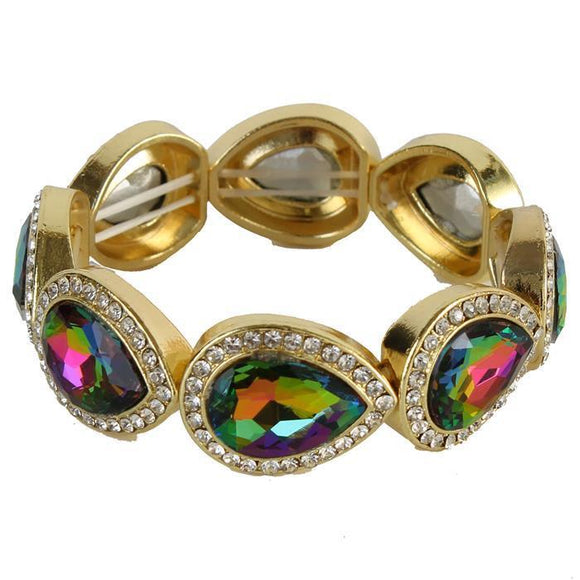 Teardrop Crystal And Rhinestone - Multi Colored - Oil Spill - Gold Tone - Stretch Bracelet