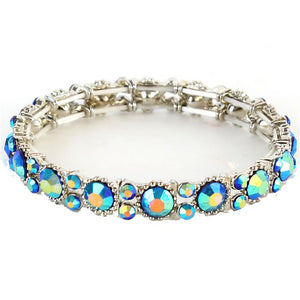 Small Crystal - Blue Iridescent AB - Silver Tone - Stretch Bracelet