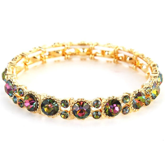 Small Crystal - Oil Spill - Multi Color  - Gold Tone - Stretch Bracelet