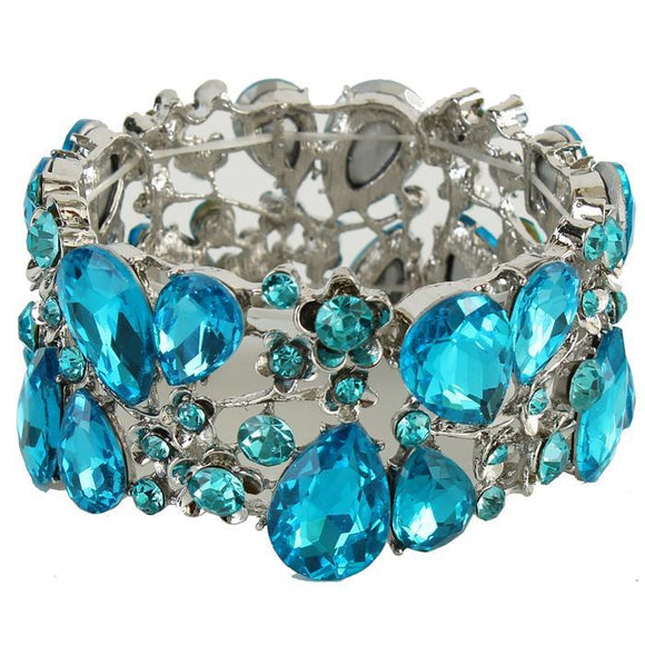 Crystal Flower - Aquamarine Blue - Silver Tone - Stretch Bracelet