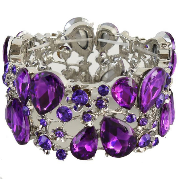 Crystal Flower - Purple - Silver Tone - Stretch Bracelet
