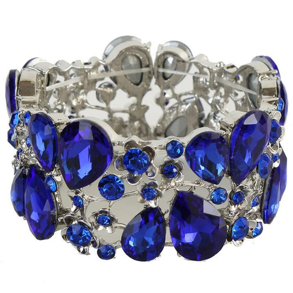 Crystal Flower - Royal Blue - Silver Tone - Stretch Bracelet