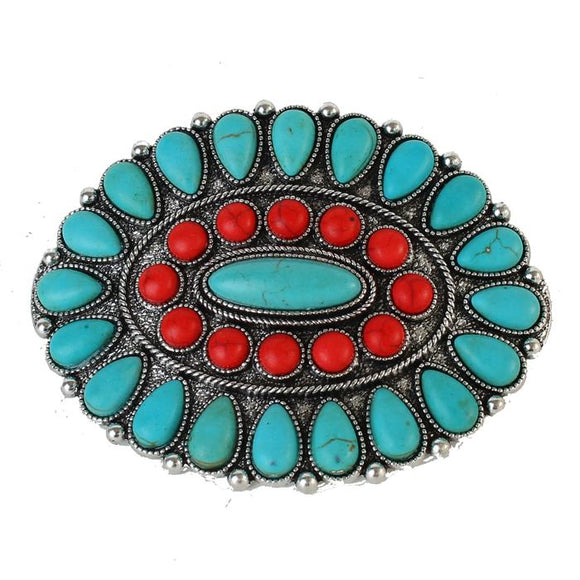 Turquoise And Red Stone - Oval - Hair Clip