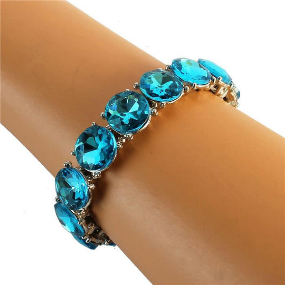 Round Crystal - Aquamarine Blue - Silver Tone - Stretch Bracelet