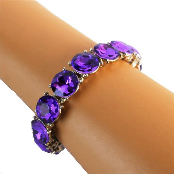 Round Crystal - Purple - Silver Tone - Stretch Bracelet