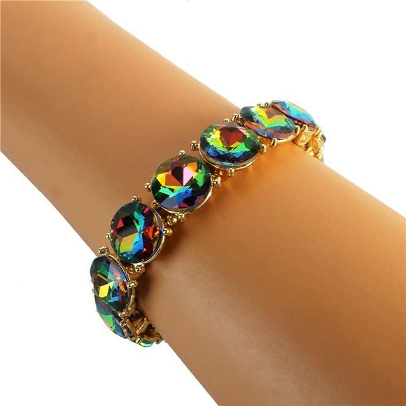 Round Crystal - Multi Colored - Oil Spill - Gold Tone - Stretch Bracelet