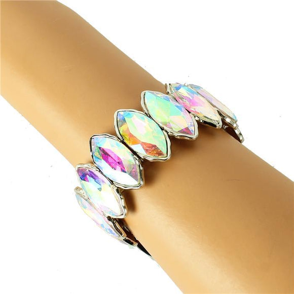Leaf Crystal - Iridescent AB Crystal - Silver Tone - Stretch Bracelet
