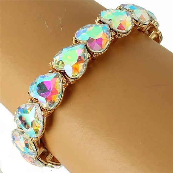 Heart Crystal - Iridescent AB Crystal - Gold Tone - Stretch Bracelet