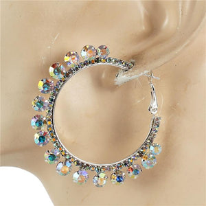 2.0" Hoops - Iridescent Aurora Borealis Rhinestone - Silver Tone - Earrings