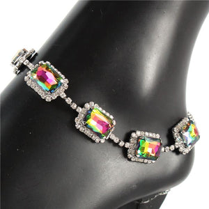 Crystal Rhinestone - Rectangle - Oil Spill - Silver - Clasp Anklet