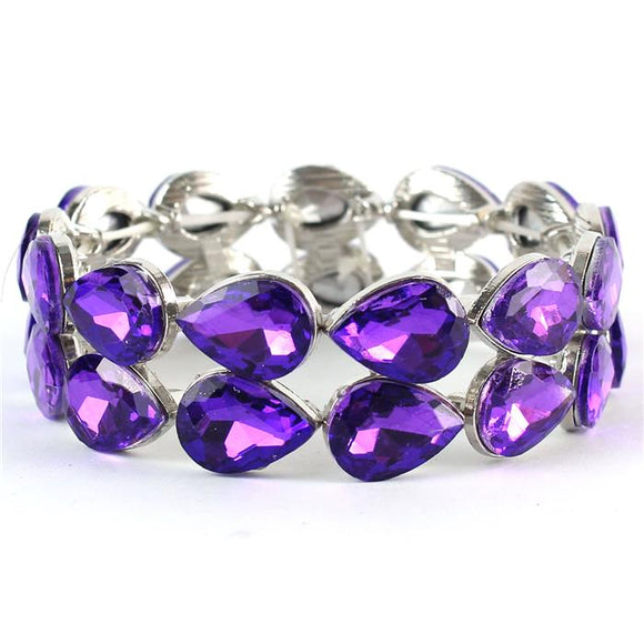 Teardrop Crystal - Purple - Silver Tone - Stretch Bracelet