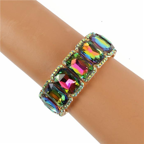 Crystal And Rhinestone - Multi Colored - Oil Spill - Gold Tone - Stretch Bracelet