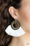 I Am Spartacus - Brass - White Fringe - Post Earrings - Paparazzi Accessories