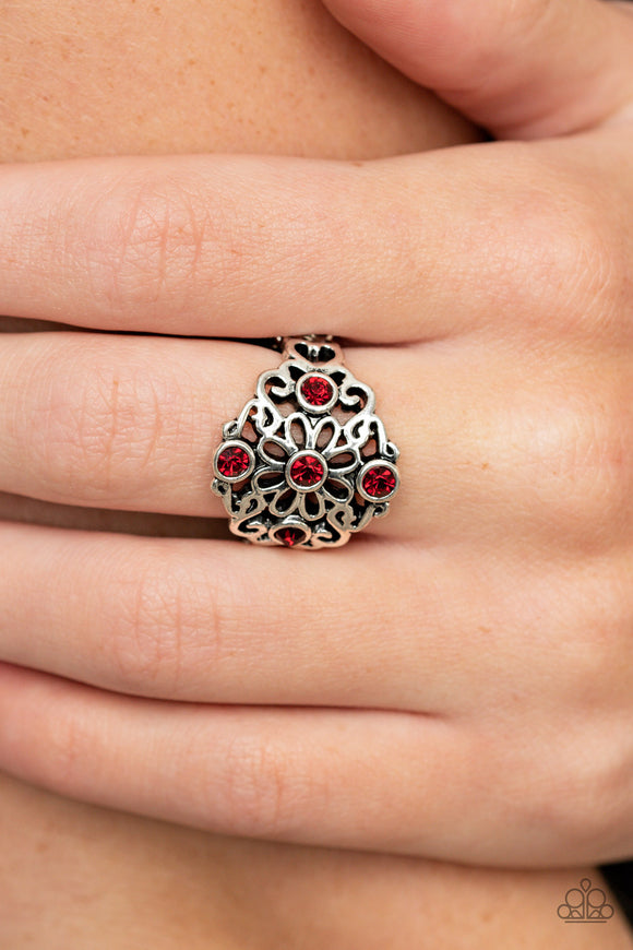 One DAISY At A Time - Red Rhinestone - Silver - Flower - Ring - Paparazzi Accessories
