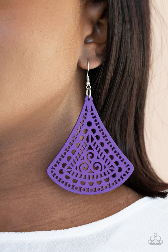 FAN to FAN - Purple - Wooden - Fish Hook Earrings - Paparazzi Accessories