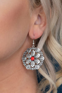 Grove Groove - Red - Filigree Flower - Earrings - Paparazzi Accessories