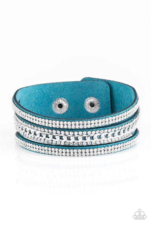 Rollin In Rhinestones - Blue Suede - Wrap - Snap Bracelet - Paparazzi Accessories