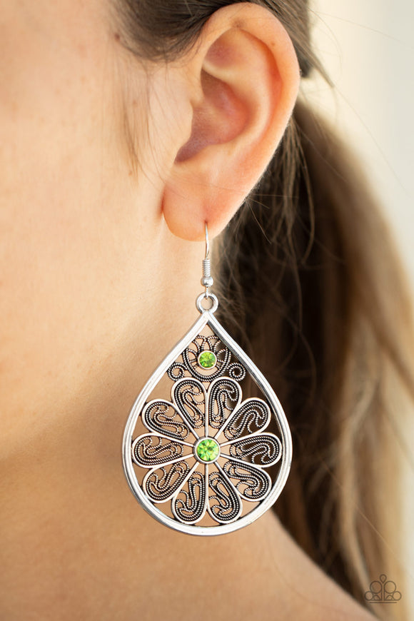 Whimsy Dreams - Green Rhinestone - Silver - Earrings - Paparazzi Accessories
