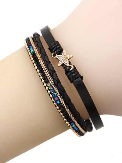 Star Black Leather - Iridescent Blue AB Crystal - Gold Tone - Magnetic Bracelet