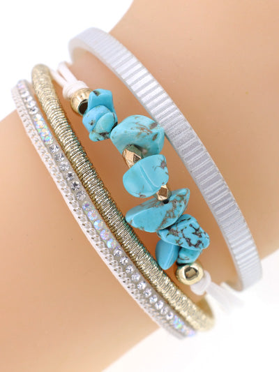 Turquoise Stone  - White Leather - Gold Tone - Magnetic Bracelet