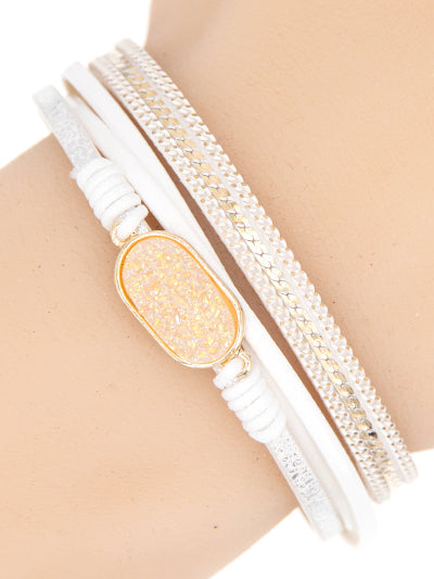Druzy - White Leather - Gold Tone - Magnetic Bracelet