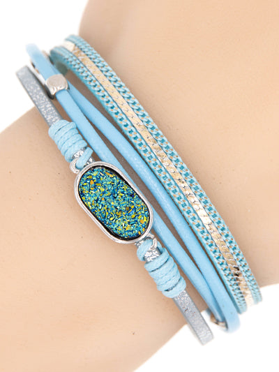 Druzy - Blue Leather - Silver Tone - Magnetic Bracelet