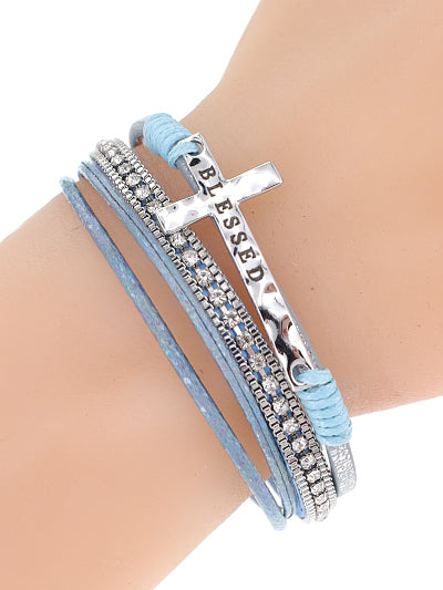 Blessed Cross - Blue Leather - Silver Tone - Magnetic Bracelet