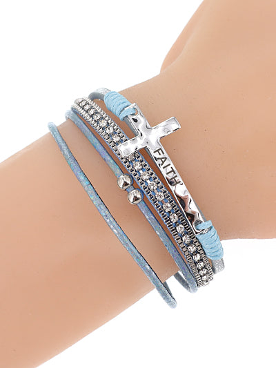 Faith Cross - Blue Leather - Silver Tone - Magnetic Bracelet