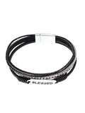 Blessed - Black Leather - Silver Tone - Magnetic Bracelet