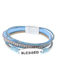 Blessed - Blue Leather - Silver Tone - Magnetic Bracelet