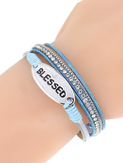 Blessed - Blue Leather - Silver Tone - Magnetic Bracelet