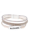 Blessed - White Leather - Silver Tone - Magnetic Bracelet
