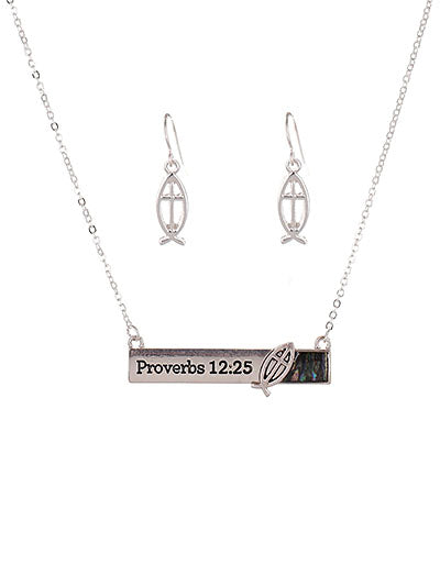 Abalone Inspirational Proverbs 12:25 - Silver Tone - Necklace and Earrings Set