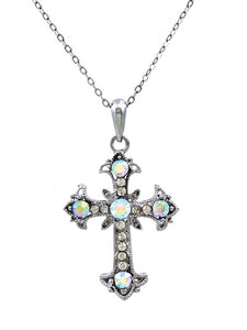 Cross - Iridescent AB Crystal - Silver Tone - Necklace