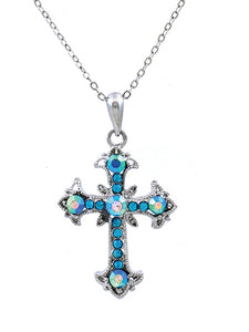 Cross - Blue Iridescent AB Crystal - Silver Tone - Necklace