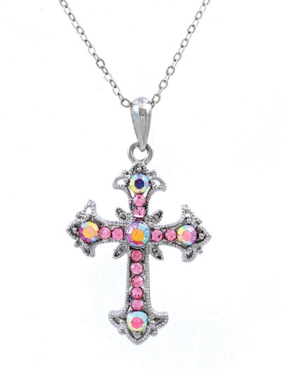 Cross - Pink Iridescent AB Crystal - Silver Tone - Necklace