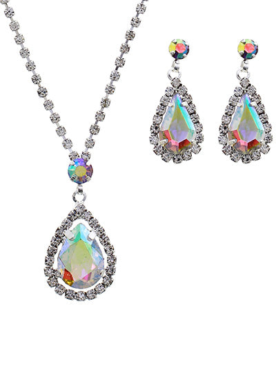 Teardrop - Iridescent AB Crystal - Silver Tone - Necklace And Earrings Set