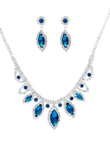 Marquise -Blue Crystal - Silver Tone - Necklace And Earrings Set