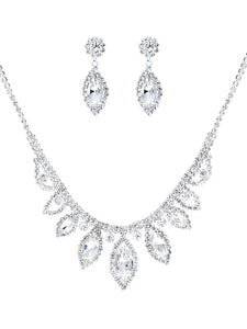 Marquise - White Crystal - Silver Tone - Necklace And Earrings Set