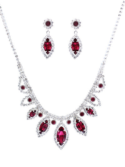 Marquise -Pink Crystal - Silver Tone - Necklace And Earrings Set